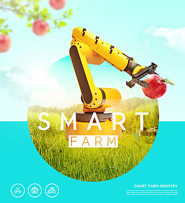 PSD 편집이미지 농업 사람없음 파란색 농장 수확 사과 스마트 로봇 사과나무 카피스페이스 스마트팜 이미지편집 나무 산업 컬러 컨셉 과일 공백 파일형식