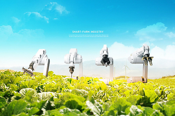 PSD 편집이미지 손 농업 사람없음 초록색 파란색 농장 스마트 로봇 배추 배추밭 카피스페이스 스마트팜 이미지편집 산업 컬러 컨셉 밭 채소 신체부위 공백 파일형식