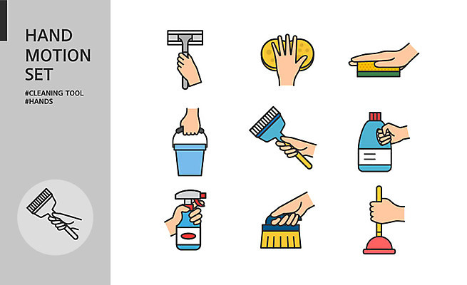 아이콘 손 모션 들기 손짓 신체부위 세트 도구 청소도구 청소 세제 양동이 손모양 수세미 스펀지 뚫어뻥 2D아이콘 AI파일 모양 사람 파일형식 벡터 손_신체부위
