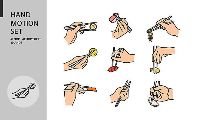 아이콘 손 음식 젓가락 모션 들기 손짓 신체부위 세트 튀김 라면 소시지 동그랑땡 떡볶이 만두 김밥 손모양 2D아이콘 AI파일 모양 수저 사람 면류 가공식품 전 분식 파일형식 벡터 손_신체부위