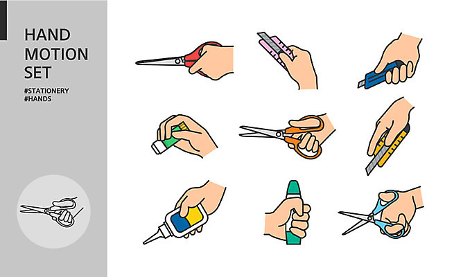 아이콘 손 모션 가위 들기 손짓 신체부위 세트 사무용품 칼 손모양 접착제 접착풀 2D아이콘 AI파일 모양 문구용품 사람 풀_접착제 파일형식 벡터 손_신체부위