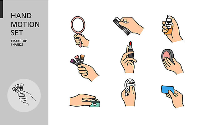 아이콘 손 모션 들기 손짓 신체부위 세트 화장 화장품 거울 립스틱 머리빗 향수 퍼프 손모양 기름종이 메이크업브러쉬 파우더팩트 2D아이콘 AI파일 모양 종이 사람 뷰티 붓 미용용품 파일형식 벡터 손_신체부위