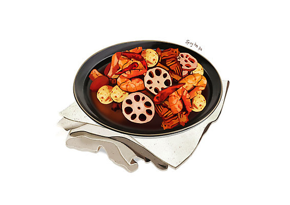 PSD 그릇 일러스트 디저트 사람없음 유행 천 디테일 마라샹궈 국내일러스트 식기 음식 중식 직물 파일형식