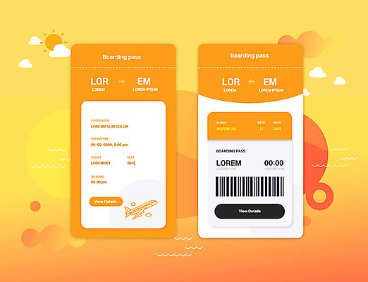PSD 편집이미지 여행 백그라운드 비행기 사람없음 주황색 항공권 레이아웃 바코드 예약 UI 편집소스 이미지편집 컬러 항공교통 대중교통 티켓 파일형식