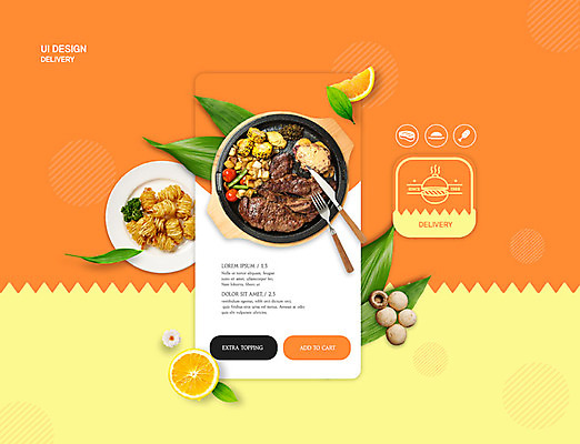 PSD 편집이미지 음식 백그라운드 포크 스테이크 사람없음 노란색 주황색 튀김 나이프 레이아웃 양송이 주문 UI 편집소스 음식배달 이미지편집 식기 컬러 서양음식 버섯 칼 배송 파일형식