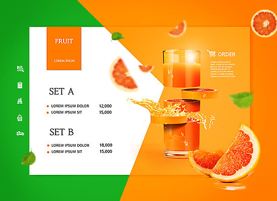 PSD 편집이미지 음료 음식 백그라운드 오렌지 사람없음 초록색 주황색 오렌지주스 레이아웃 주문 UI 편집소스 음식배달 이미지편집 컬러 과일 과일주스 배송 파일형식