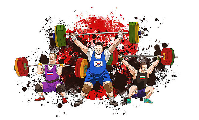 전신 PSD 여자 남자 스포츠 포즈 올림픽 일러스트 들기 사람 성인 빨간색 세명 컬러풀 운동 역기 역도 역도선수 일장기 성인만 국내일러스트 컬러 모션 운동선수 건강 국기 파일형식