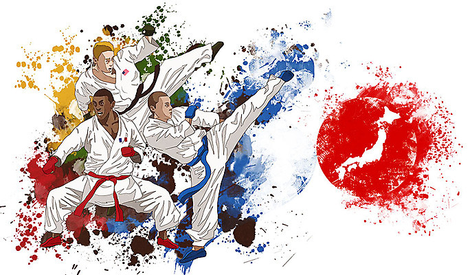 전신 PSD 남자 스포츠 포즈 올림픽 일러스트 사람 성인 세명 컬러풀 운동 점프 킥 국가대표 일장기 가라테 성인남자만 국내일러스트 컬러 모션 운동선수 건강 격투기 국기 남자만 성인만 파일형식