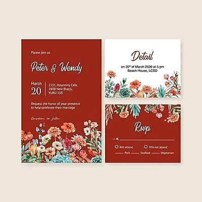 EPS 해외이미지 꽃 여러송이 결혼 잎 카드템플릿 일러스트 사람없음 빨간색 흰색 청첩장 초대장 초대 해외일러스트 식물 템플릿 컬러 다수 카드_감사 이벤트 파일형식 벡터 이미지허브