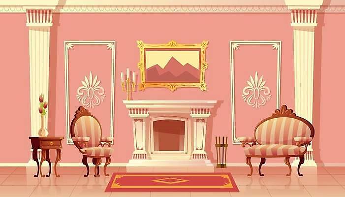 EPS 해외이미지 분홍색 액자 거실 의자 일러스트 실내 사람없음 인테리어 꽃병 카펫 기둥 고급 벽난로 촛대 카툰스타일 해외일러스트 디자인 건축 꽃 컬러 가구 컨셉 내부 파일형식 벡터 이미지허브