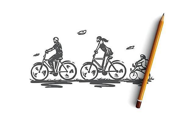 EPS 해외이미지 전신 라이프스타일 여자 남자 어린이 스포츠 컨셉 일러스트 가족 성인 야외 세명 자전거 산책 승차 헬멧 스케치 손그림 얼굴없음 해외일러스트 관계 모션 휴식 미술 사람 생활 바이크 보호장비 파일형식 벡터 이미지허브