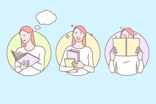 EPS 해외이미지 여자 일러스트 들기 상반신 성인 책 세명 독서 원형프레임 얼굴가리기 성인여자만 해외일러스트 모션 프레임 사람 가림 원형 여자만 성인만 파일형식 벡터 이미지허브