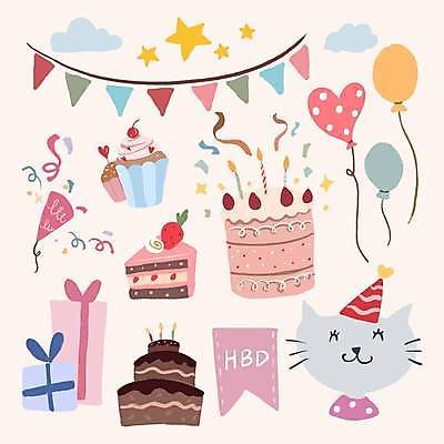 EPS 해외이미지 한마리 별 일러스트 폭죽 사람없음 선물상자 세트 케이크 고양이 축하 생일파티 생일 생일케이크 컵케이크 꽃가루 생일축하 하트풍선 풍선 고양이캐릭터 3단케이크 가랜드 엘리먼트 해외일러스트 자연요소 1 기념일 동물캐릭터 컨셉 포유류 디저트 선물 반려동물 상자 하트 가루 파티용품 파일형식 벡터 이미지허브