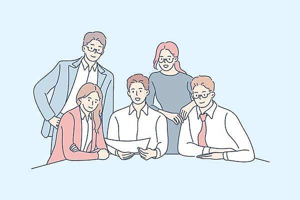 EPS 해외이미지 여자 남자 종이 허리손 일러스트 비즈니스 회의 협력 들기 정장 여러명 상반신 성인 비즈니스맨 비즈니스우먼 성인만 어깨에손 해외일러스트 옷 포즈 다수 모션 사람 직장인 파일형식 벡터 이미지허브