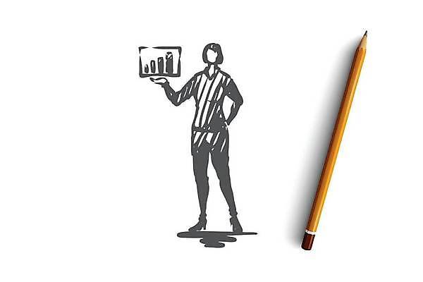 EPS 해외이미지 전신 여자 허리손 컨셉 일러스트 비즈니스 그래프 한명 성인 비즈니스우먼 발표 스케치 손그림 보여주기 성인여자한명만 해외일러스트 1 포즈 모션 미술 사람 직장인 여자한명만 성인여자만 파일형식 벡터 이미지허브