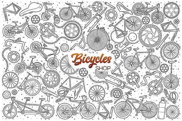 EPS 해외이미지 일러스트 타이포그라피 사람없음 세트 자전거 낙서 핸들 라인아트 손그림 안장 외발자전거 자전거바퀴 자전거부품 자전거체인 3인용자전거 해외일러스트 문자 선 바이크 부속품 파일형식 벡터 이미지허브