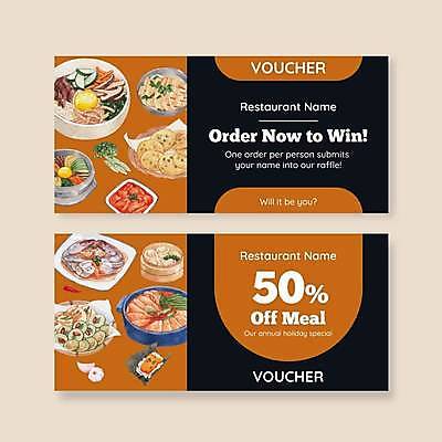 EPS 해외이미지 템플릿 영어 한식 일러스트 김치 타이포그라피 사람없음 검은색 주황색 티켓 전 상품권 만두 비빔밥 간장게장 부대찌개 해외일러스트 문자 음식 컬러 찌개 게장 파일형식 벡터 이미지허브