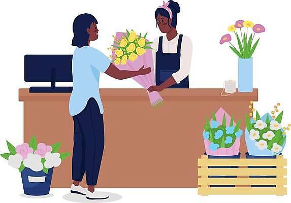 EPS 해외이미지 전신 식물 여자 꽃 화분 꽃다발 일러스트 서기 들기 상반신 성인 두명 나무상자 꽃집 성인여자만 반려식물 해외일러스트 모션 사람 상자 상점 여자만 성인만 파일형식 벡터 이미지허브