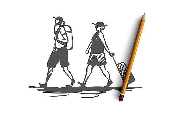 EPS 해외이미지 여자 할아버지 남자 할머니 여행 컨셉 일러스트 휴가 들기 두명 여행객 걷기 여행가방 노부부 스케치 손그림 얼굴없음 노인만 해외일러스트 부부 노년 가방 모션 미술 사람 성인만 파일형식 벡터 이미지허브