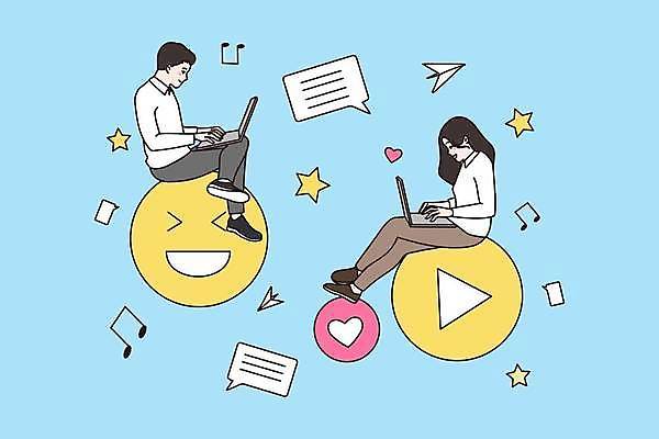 EPS 해외이미지 전신 응시 여자 남자 별 하늘색 말풍선 음표 일러스트 함께함 앉기 성인 두명 노트북 다리꼬기 하트 종이비행기 이모티콘 소셜네트워크 플레이 성인만 해외일러스트 자연요소 모양 기호 시선 음악 컨셉 모션 사람 파란색 전자제품 종이접기 파일형식 벡터 이미지허브