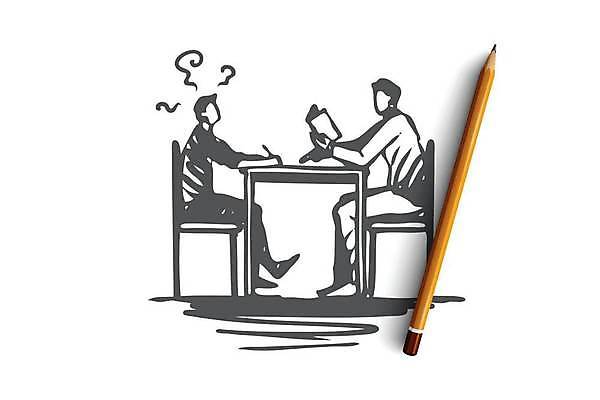 EPS 해외이미지 교육 어린이 컨셉 일러스트 들기 앉기 소년 성인 두명 책 짜증 가리킴 가르침 스케치 책상 손그림 남자만 해외일러스트 남자 감정 가구 모션 미술 사람 손짓 파일형식 벡터 이미지허브