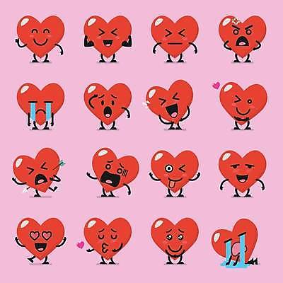 EPS 해외이미지 캐릭터 감정 포즈 일러스트 표정 발렌타인데이 사람없음 빨간색 세트 하트 만화 이모티콘 해외일러스트 일러캐릭터 모양 컬러 데이이벤트 파일형식 벡터 이미지허브