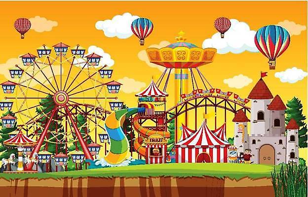 EPS 해외이미지 전신 여자 남자 일러스트 상반신 성인 두명 놀이공원 열기구 성 놀이기구 서커스 천막 회전목마 롤러코스터 매표소 워터슬라이드 회전그네 성인만 해외일러스트 건축물 항공교통 사람 테마파크 파일형식 벡터 이미지허브