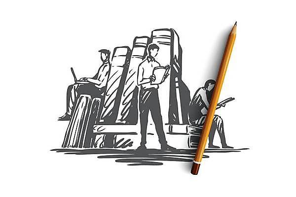 EPS 해외이미지 응시 여자 남자 일러스트 들기 앉기 성인 책 세명 노트북 독서 스케치 손그림 얼굴없음 성인만 해외일러스트 시선 모션 미술 사람 전자제품 파일형식 벡터 이미지허브