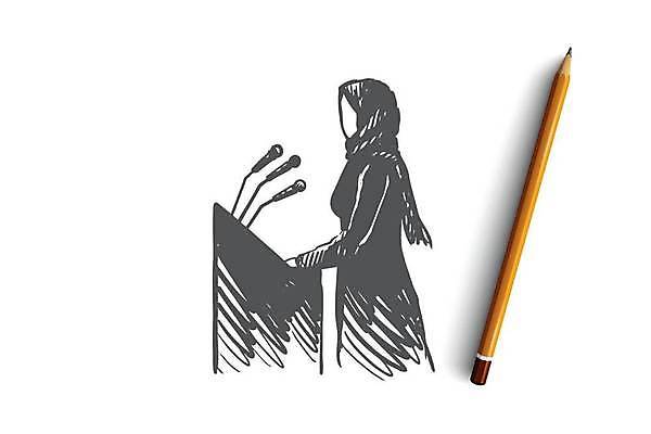 EPS 해외이미지 여자 컨셉 일러스트 한명 상반신 성인 발표 토론 이슬람교 강의 스케치 마이크 손그림 단상 강대상 히잡 얼굴없음 성인여자한명만 해외일러스트 1 종교 음향기기 미술 사람 이슬람문화 여자한명만 성인여자만 파일형식 벡터 이미지허브