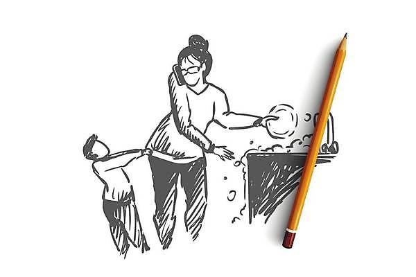 EPS 해외이미지 접시 여자 어린이 가사 일러스트 엄마 들기 소년 상반신 성인 스마트폰 주방 업무 스케치 설거지 싱크대 주부 바쁨 손그림 통화 레터링 얼굴없음 안경낌 해외일러스트 식기 남자 안경 가족 모션 미술 사람 핸드폰 스마트기기 작업 개수대 파일형식 벡터 이미지허브