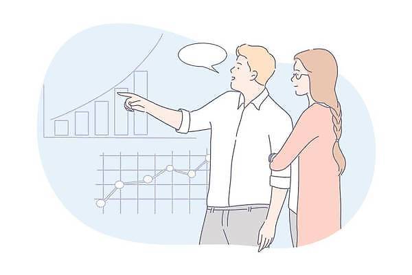 EPS 해외이미지 여자 남자 하늘색 말풍선 일러스트 비즈니스 회의 그래프 대화 상반신 성인 두명 팔짱 가리킴 비즈니스맨 비즈니스우먼 성인만 안경낌 해외일러스트 안경 모션 말하기 사람 손짓 파란색 직장인 파일형식 벡터 이미지허브