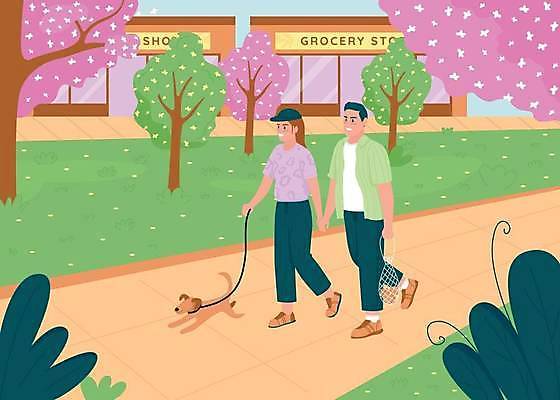 EPS 해외이미지 전신 한마리 커플 공원 여자 남자 일러스트 꽃나무 들기 성인 두명 걷기 상점 손잡기 산책 산책로 잡기 강아지 목줄 배변봉투 성인만 해외일러스트 나무 1 공공시설 꽃 길 관계 모션 휴식 봉투 사람 반려동물 개 파일형식 벡터 반려용품 이미지허브