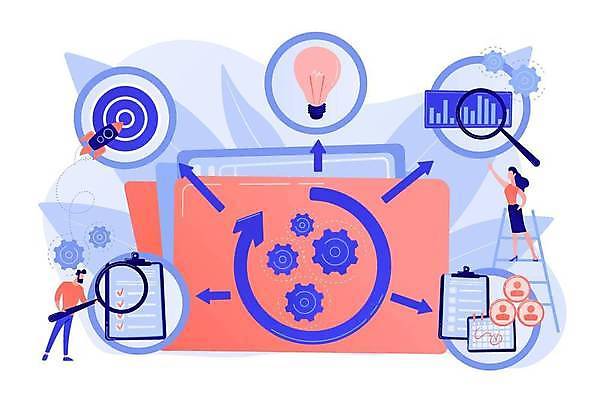 EPS 해외이미지 전신 여자 남자 일러스트 비즈니스 돋보기 들기 성인 두명 파란색 가리킴 업무 프로젝트 성인만 코랄 해외일러스트 컬러 모션 사람 손짓 작업 파일형식 벡터 이미지허브