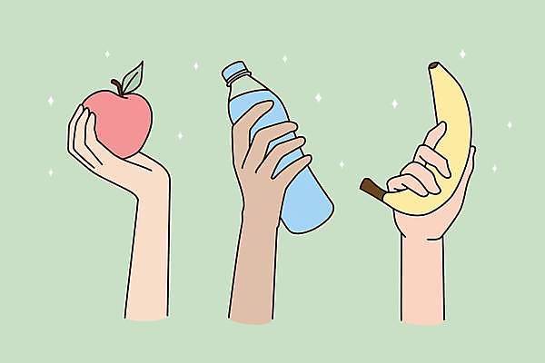 EPS 해외이미지 라이프스타일 손 일러스트 바나나 건강 들기 일상 신체부위 초록색 사과 물병 생수 식단관리 해외일러스트 컬러 과일 모션 사람 라이프 생활 물통 파일형식 벡터 이미지허브