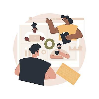 EPS 해외이미지 여자 남자 일러스트 비즈니스 그래프 들기 여러명 상반신 성인 노트북 머그컵 키보드 비즈니스맨 비즈니스우먼 원형 톱니바퀴 문서 인터넷창 베이지색 화상통화 성인만 해외일러스트 도형 컬러 다수 인터넷 모션 사람 컵 전자제품 직장인 통화 파일형식 벡터 이미지허브