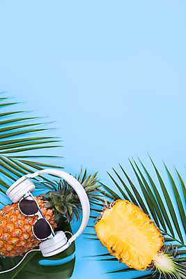포토 JPG 해외이미지 단면 실내 사람없음 하이앵글 선글라스 헤드폰 파인애플 열대과일 파란배경 열대잎 카피스페이스 제철과일 해외포토 안경 뷰포인트 음향기기 백그라운드 잎 과일 내부 파란색 공백 제철 파일형식 이미지허브