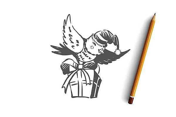 EPS 해외이미지 한마리 컨셉 크리스마스 일러스트 산타모자 조류 들기 사람없음 선물상자 비행 스케치 손그림 해외일러스트 동물 모자_잡화 1 기념일 모션 선물 미술 상자 파일형식 벡터 이미지허브