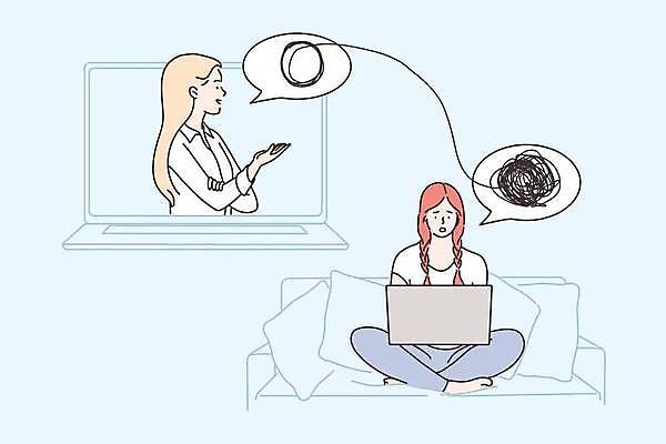 EPS 해외이미지 전신 여자 하늘색 말풍선 쿠션 일러스트 앉기 상반신 성인 두명 노트북 소파 손들기 정신과의사 화상통화 원격의료 성인여자만 정신건강 정신상담 해외일러스트 의자 의학 모션 건강 사람 치료 파란색 전자제품 진료 의사 통화 원격 여자만 성인만 파일형식 벡터 이미지허브