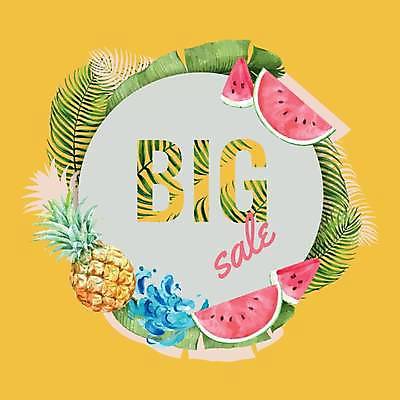 EPS 해외이미지 일러스트 수박 프레임 타이포그라피 사람없음 쇼핑 노란색 원형 파인애플 빅세일 수박조각 열대잎 프레임일러스트 해외일러스트 도형 문자 컬러 조각 잎 과일 세일 열대과일 파일형식 벡터 이미지허브