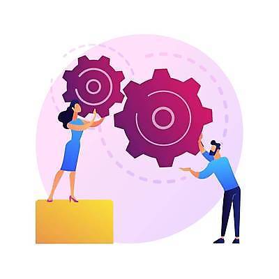 EPS 해외이미지 여자 남자 일러스트 비즈니스 들기 성인 두명 톱니바퀴 맞추기 성인만 해외일러스트 모션 사람 파일형식 벡터 이미지허브