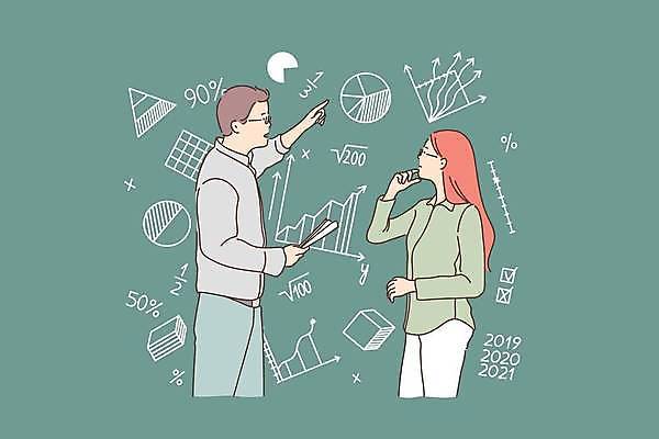 EPS 해외이미지 여자 남자 화살표 일러스트 비즈니스 그래프 설명 들기 상반신 성인 두명 초록색 가리킴 비즈니스맨 비즈니스우먼 고민 원그래프 성인만 안경낌 해외일러스트 감정 안경 컬러 모션 사람 손짓 직장인 파일형식 벡터 이미지허브