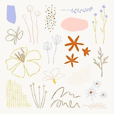 EPS 해외이미지 꽃 스티커 일러스트 사람없음 세트 점 라인아트 엘리먼트 해외일러스트 식물 선 파일형식 벡터 이미지허브