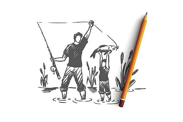 EPS 해외이미지 남자 아들 호수 어린이 컨셉 일러스트 가족 낚시 함께함 어류 들기 소년 상반신 성인 취미 두명 손들기 만세 잡기 아빠 낚싯대 스케치 즐거움 낚시꾼 손그림 얼굴없음 남자만 해외일러스트 감정 관계 모션 레저 미술 사람 수중동물 낚시용품 파일형식 벡터 이미지허브