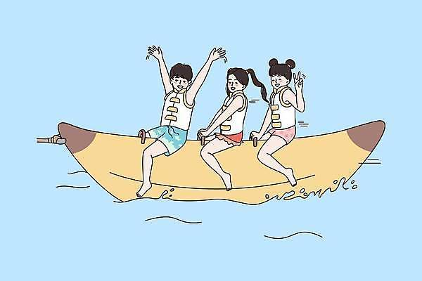 EPS 해외이미지 전신 라이프스타일 여자 남자 어린이 하늘색 일러스트 소년 일상 만세 수상스포츠 잡기 승차 브이 구명조끼 바나나보트 어린이만 해외일러스트 스포츠 모션 사람 손짓 라이프 생활 파란색 보트 구조용품 파일형식 벡터 이미지허브