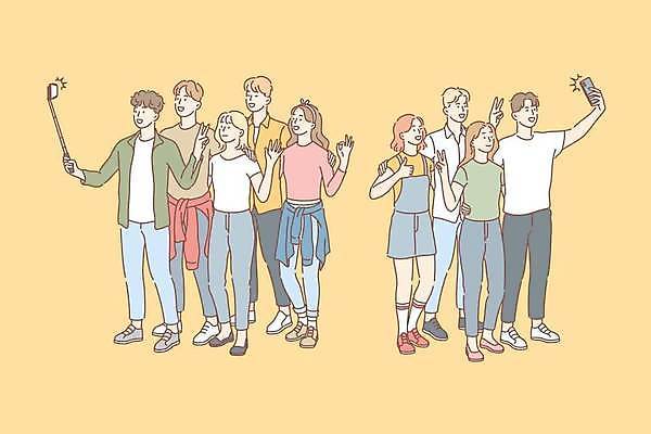 EPS 해외이미지 전신 여자 남자 일러스트 함께함 서기 들기 여러명 성인 친구 스마트폰 노란색 손들기 우정 최고 셀프카메라 브이 셀카봉 성인만 어깨에손 해외일러스트 컬러 다수 컨셉 관계 모션 사람 손짓 핸드폰 스마트기기 사진촬영 파일형식 벡터 이미지허브