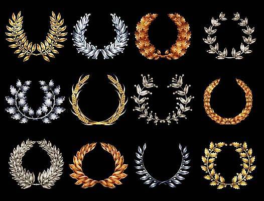 EPS 해외이미지 디자인 잎 일러스트 사람없음 세트 검은색 금색 축하 우아함 은색 상패 트로피 심볼 청동 승자 엘리먼트 월계수 해외일러스트 식물 컬러 컨셉 상_우승 파일형식 벡터 이미지허브