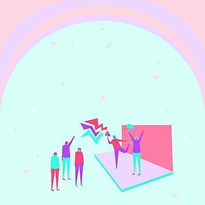 EPS 해외이미지 여자 남자 분홍색 컨셉 프레임 함께함 서기 여러명 손들기 확성기 외침 팻말 민트색 성인만 카피스페이스 해외일러스트 컬러 다수 모션 사람 소리 공백 파일형식 벡터 이미지허브