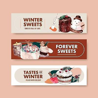 EPS 해외이미지 배너 크리스마스 겨울 일러스트 눈사람 디저트 사람없음 장식 갈색 케이크 초콜릿 축하 컵케이크 마시멜로우 양초꽂이 해외일러스트 계절 기념일 음식 컬러 컨셉 꽂이 파일형식 벡터 이미지허브
