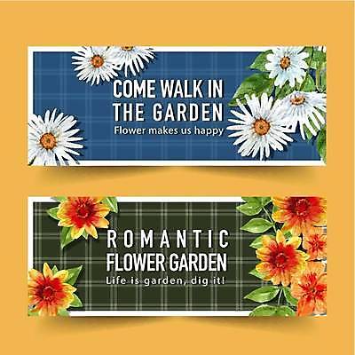 EPS 해외이미지 디자인 배너 잎 일러스트 사람없음 초록색 파란색 정원 체크무늬 데이지 금잔화 해외일러스트 식물 꽃 컬러 무늬 파일형식 벡터 이미지허브