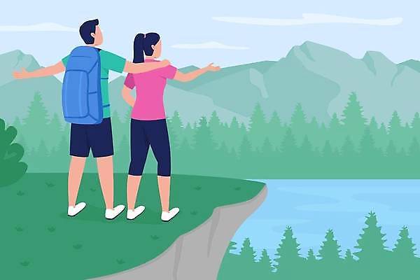 EPS 해외이미지 전신 커플 여자 남자 일러스트 팔벌리기 산 서기 성인 두명 초록색 손들기 등산 등산객 등산가방 얼굴없음 성인만 어깨에손 해외일러스트 컬러 가방 관계 모션 사람 트래킹 파일형식 벡터 이미지허브